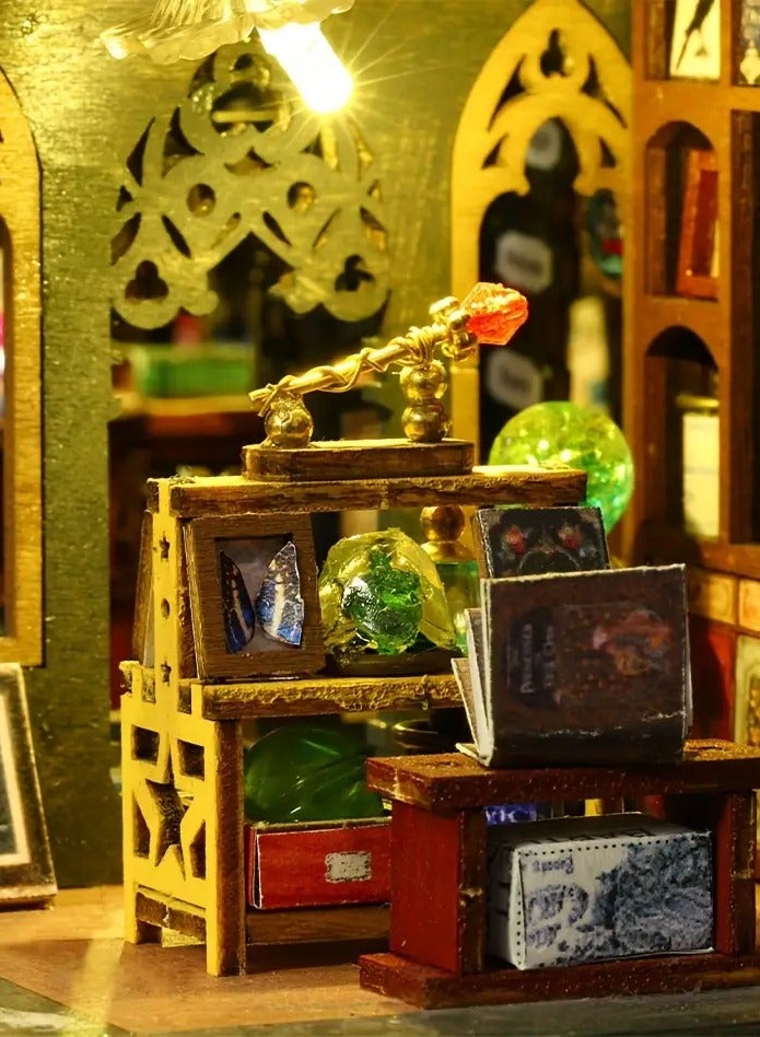 Enchanting Magic Shop DIY Model Kit - Handcrafted Wooden Miniature House with Vintage Design - Creative 3D Puzzle for Hobbyists and Gifts (Batteries and Glue not included) - Image 5